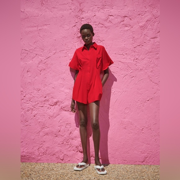 NWT ZARA SHORT POPLIN JUMPSUIT RED - Picture 2 of 8
